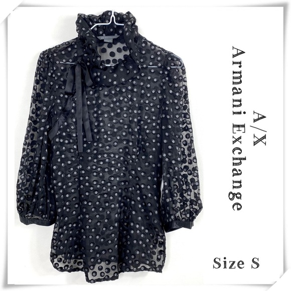 Ax Armani Exchange Ruffle Collar Polka Dots Sheer Blouse In Black - Picture 1 of 7